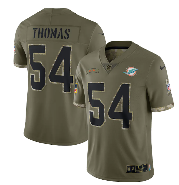 Men's Miami Dolphins #54 Zach Thomas Olive 2022 Salute To Service Limited Stitched Jersey Men's Miami Dolphins #54 Zach Thomas Olive 2022 Salute To Service Limited Stitched Jersey